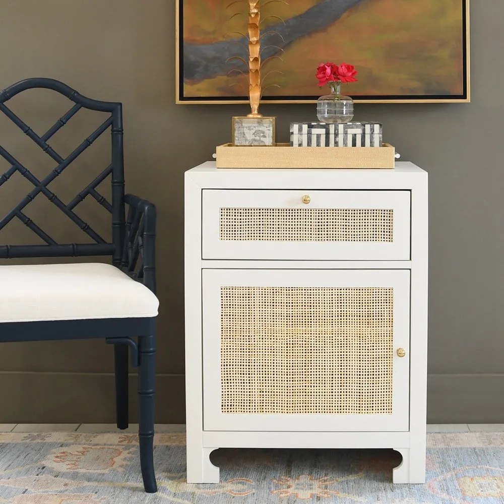 Ruth Woven Cane Nightstand - Matte White, Wood