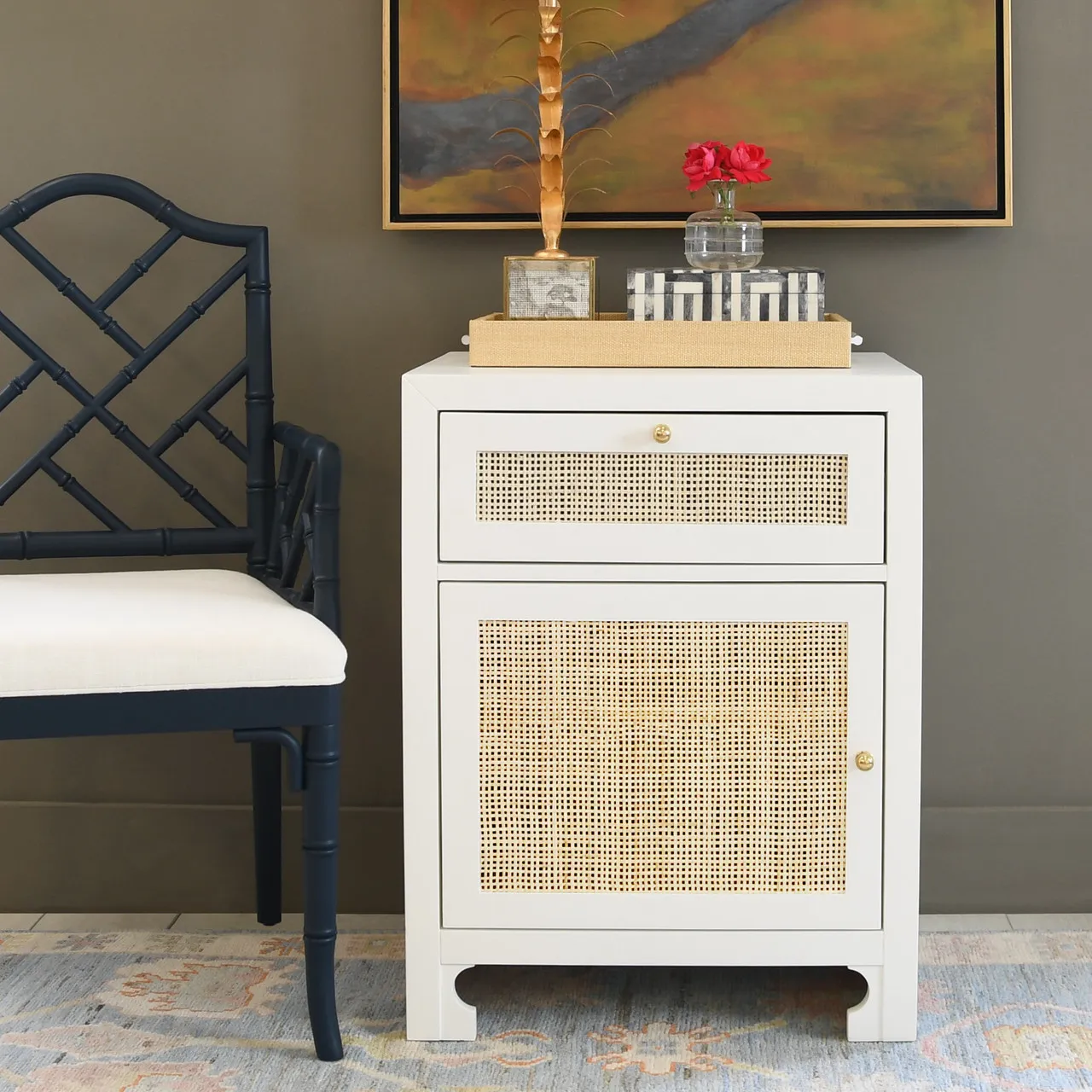 Ruth Woven Cane Nightstand - Matte White, Wood