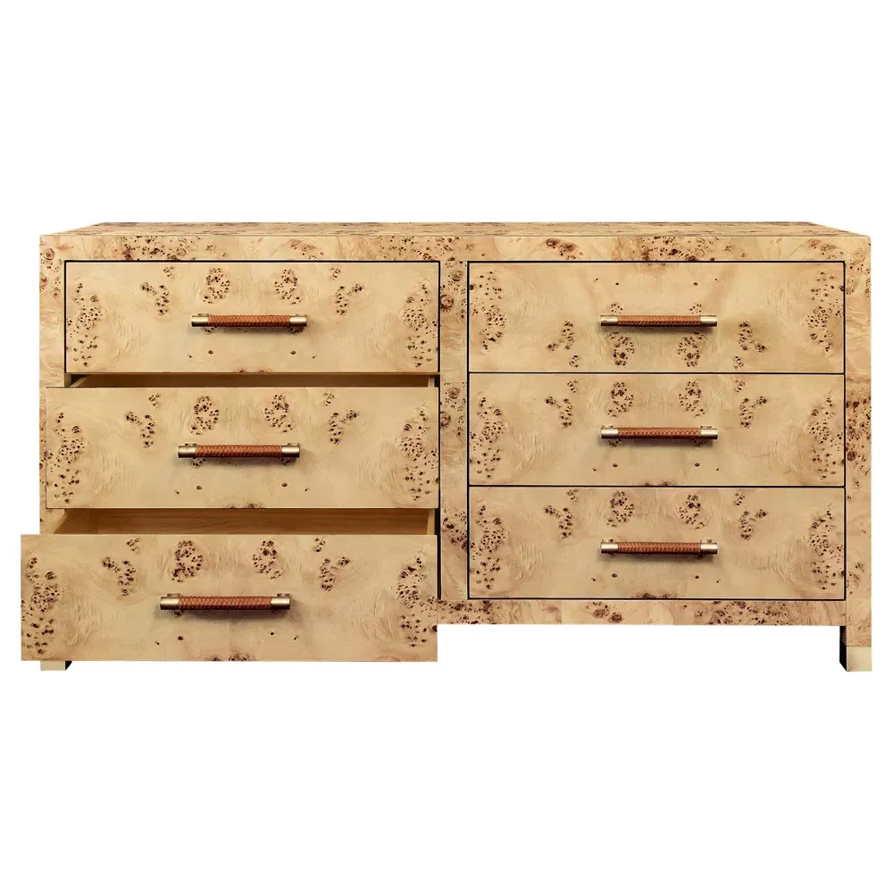 Winchester Double Dresser with Rattan Handles - Brown Burl