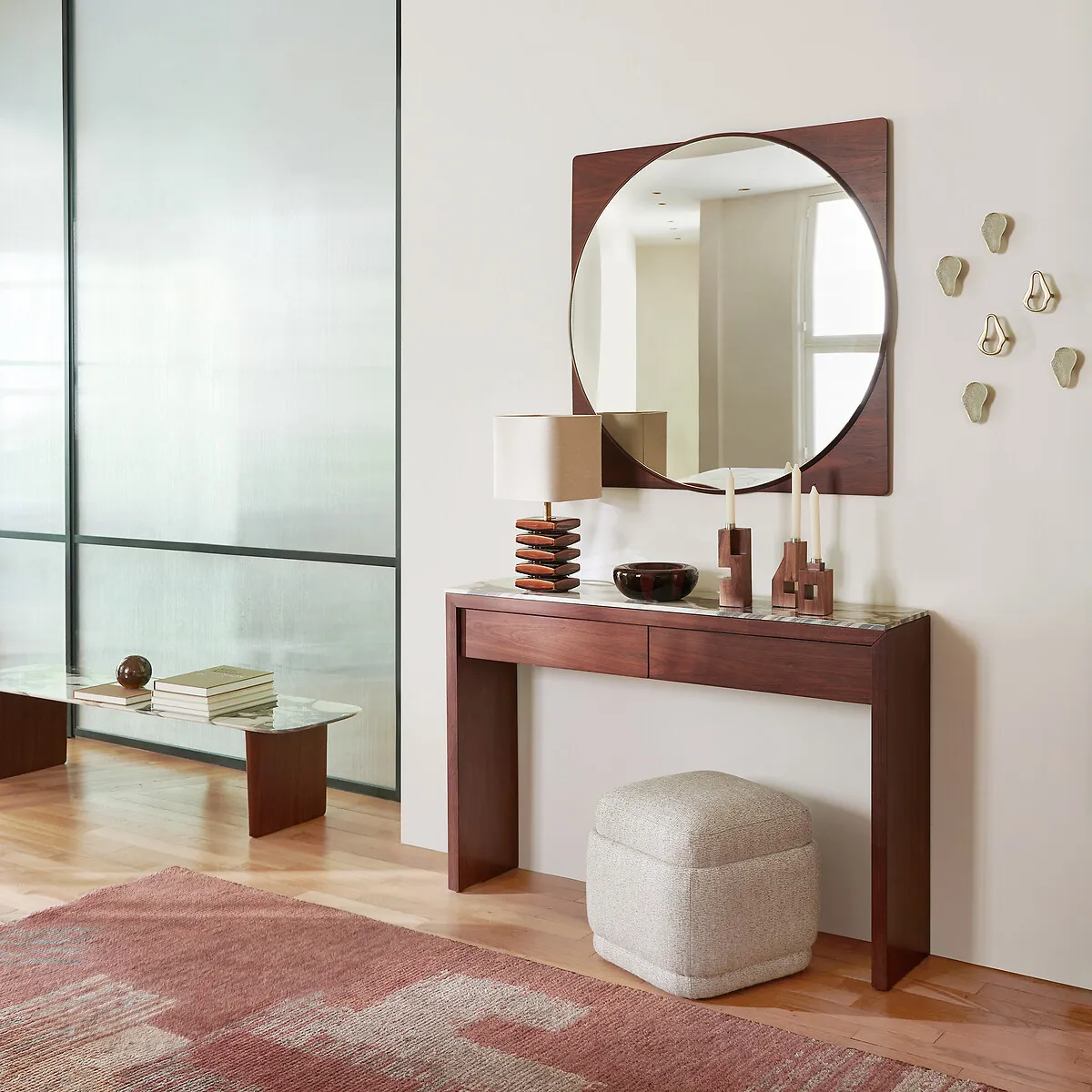 Dolmena Low Console Table - Brick, Ceramic & Walnut Veneer alternate view
