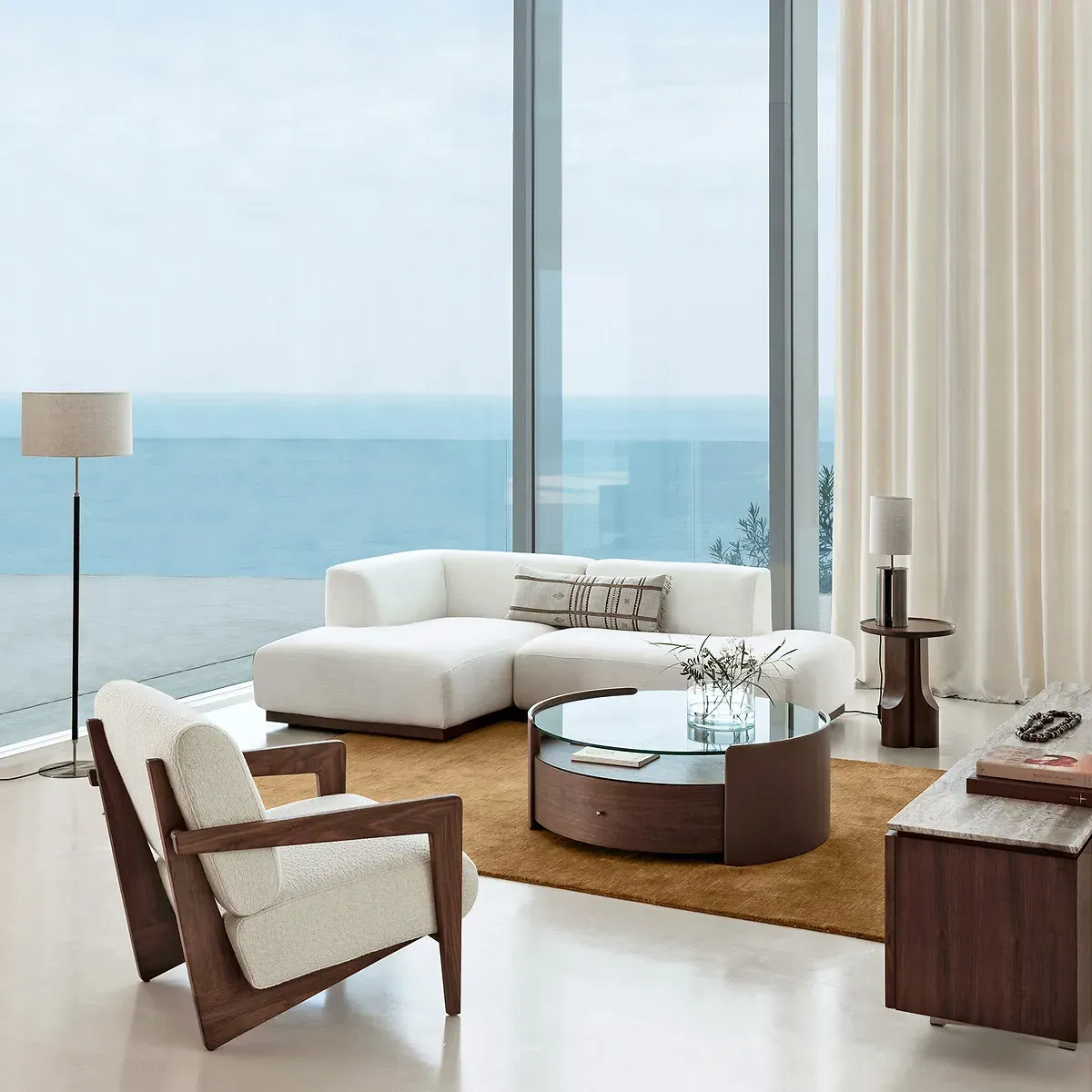 Firmo Round Coffee Table with Storage - Walnut, Leather alternate view