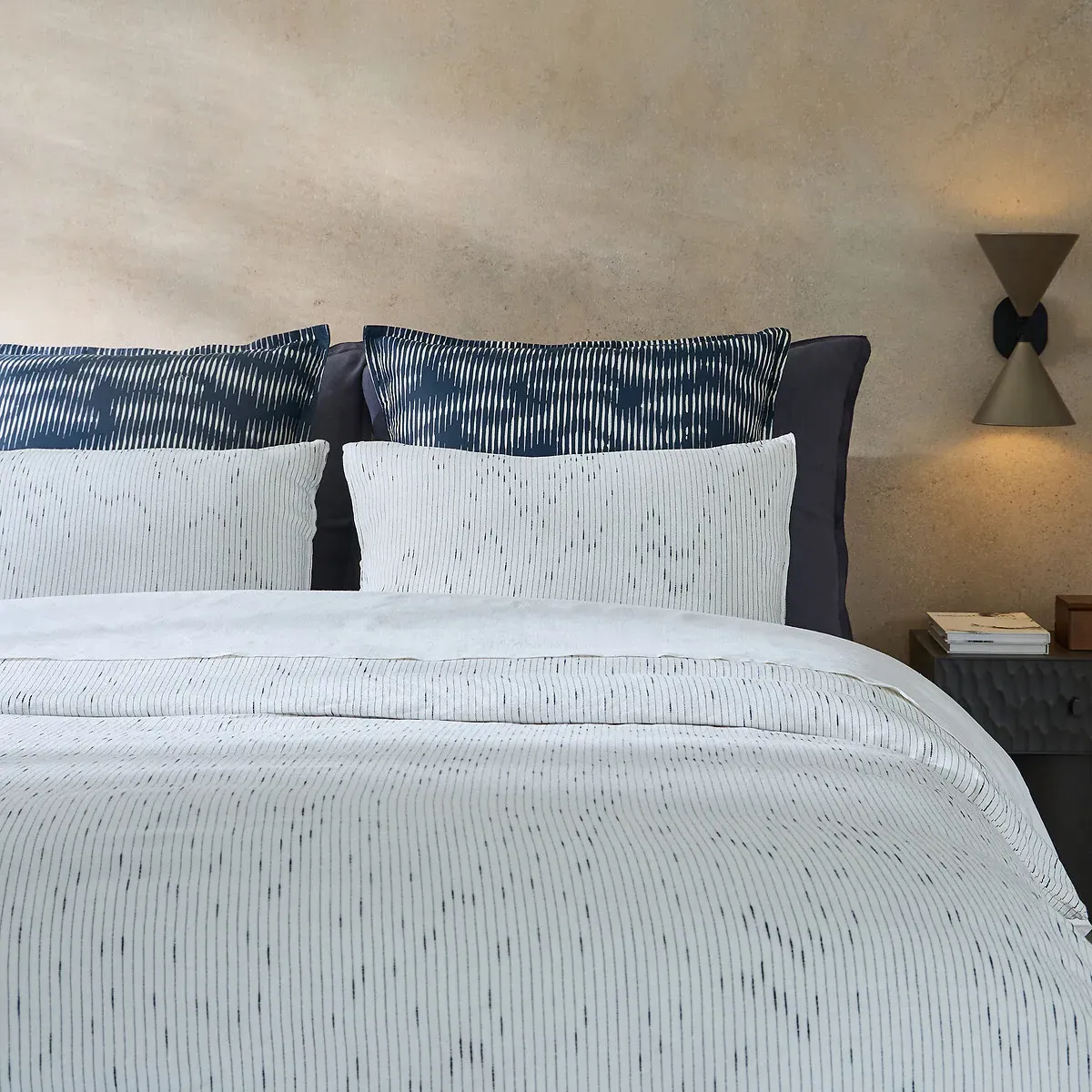 Joselia Pillowcase - Ecru Navy Blue Striped, Washed Linen Blend alternate view