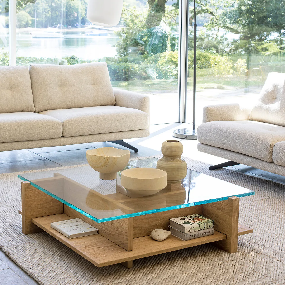 Laby Square Coffee Table with Glass Top - Oak, MDF Veneer alternate view