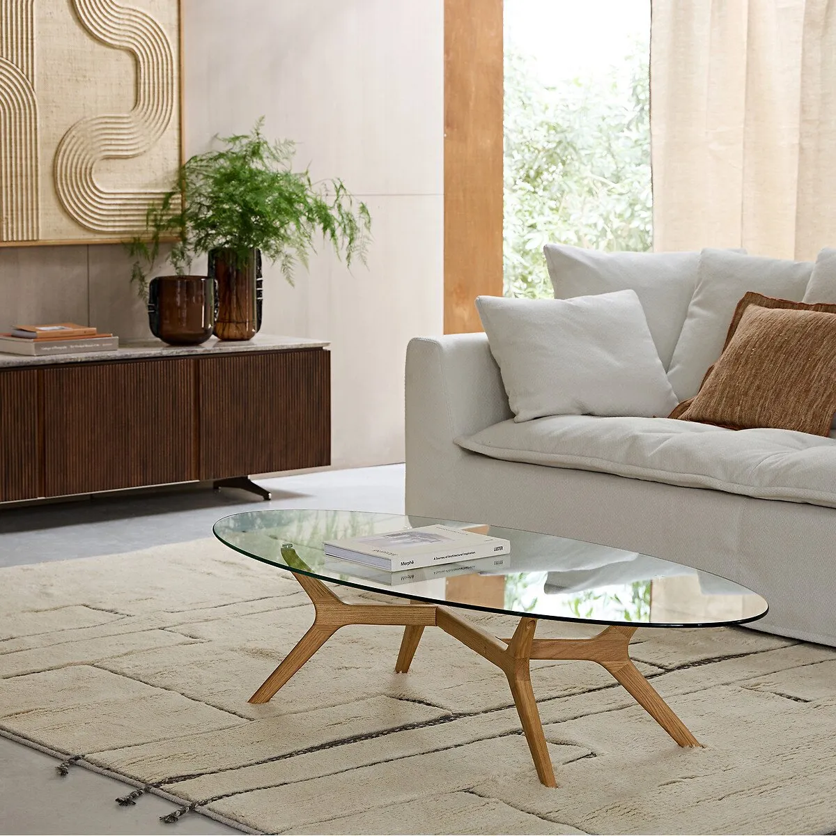 Maricielo Oval Coffee Table - Natural Oak, Glass alternate view