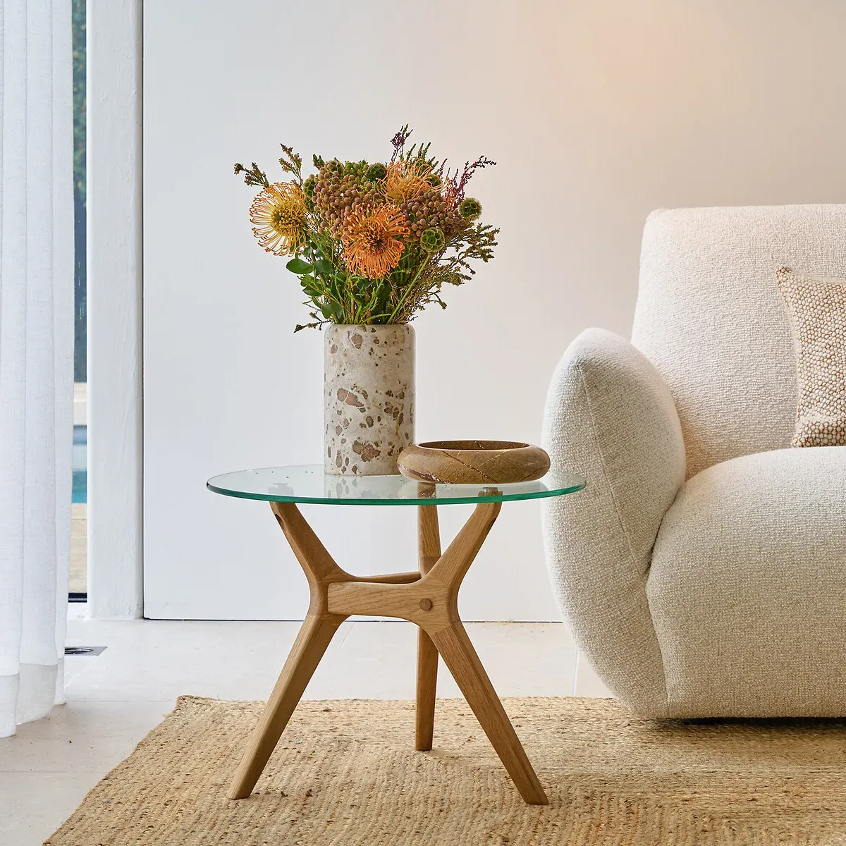 Maricielo Round Coffee Table - Natural Oak, Glass Top alternate view