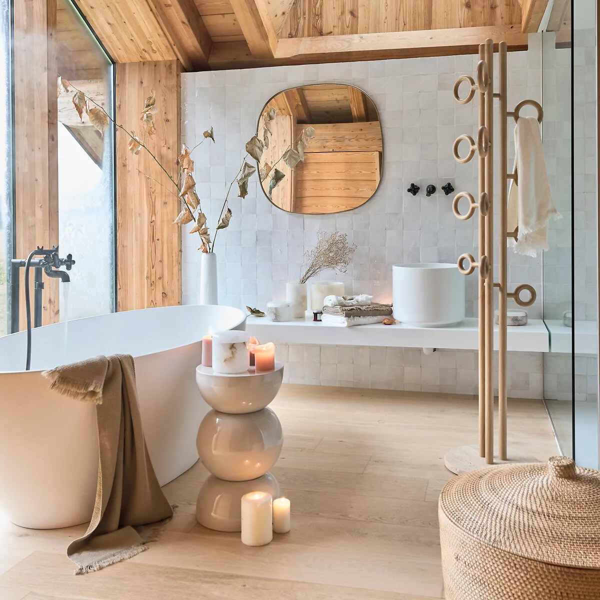 Nayati Coat Rack with Rings - Natural Oak, Travertine alternate view