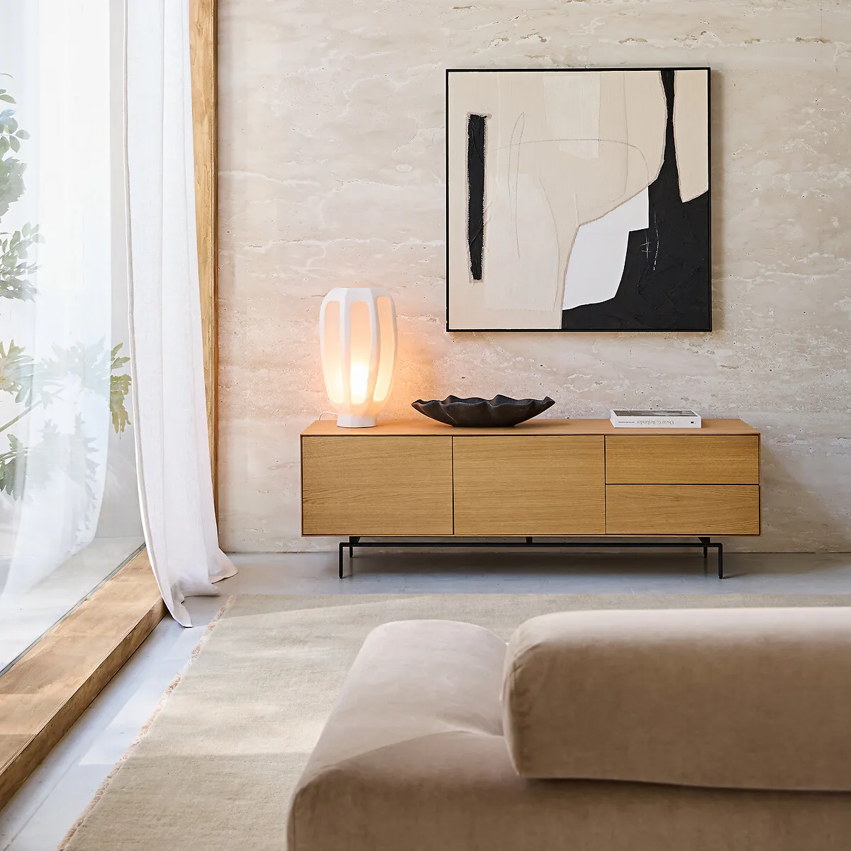 Oreko 2-Door TV Cabinet with Drawers - Natural Oak, Oak Veneer alternate view