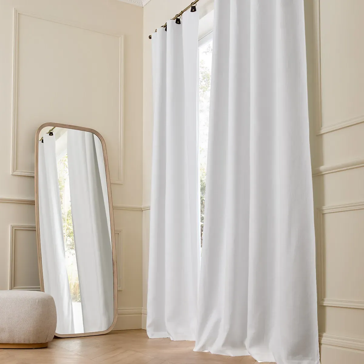 Private Washed Linen Curtain with Leather Tab Top - White product