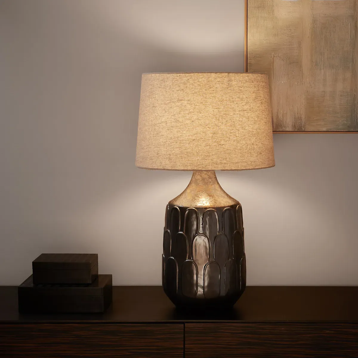 Synn Table Lamp with Linen Shade - Bronze, Ceramic product