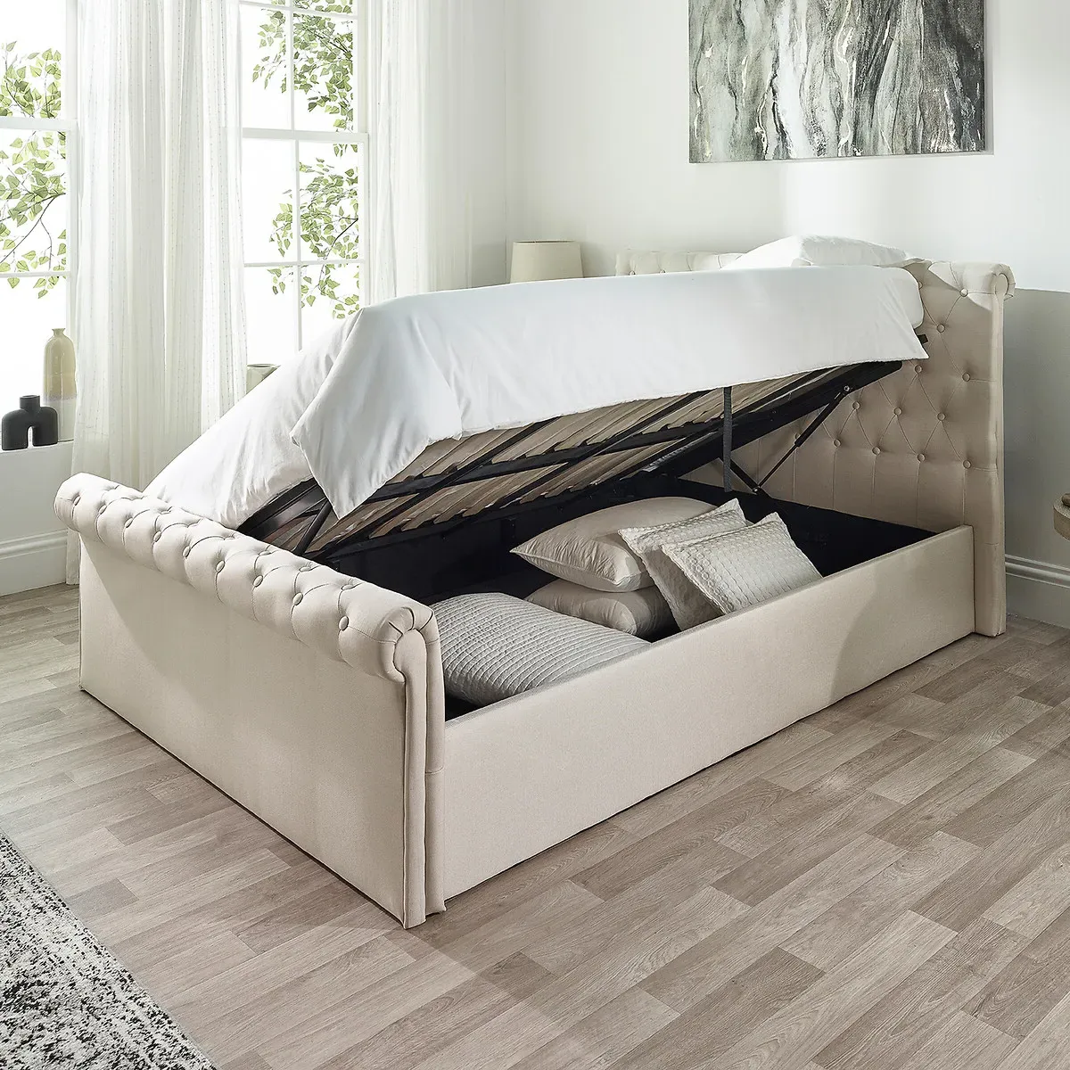 Chesterfield Sleigh Ottoman Bed with Storage - Natural, Linen product