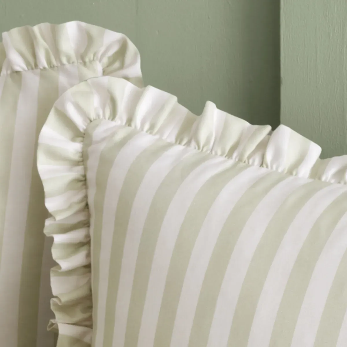 Stripe Cotton Pillowcase Pair with Ruffle Frill - Green alternate view