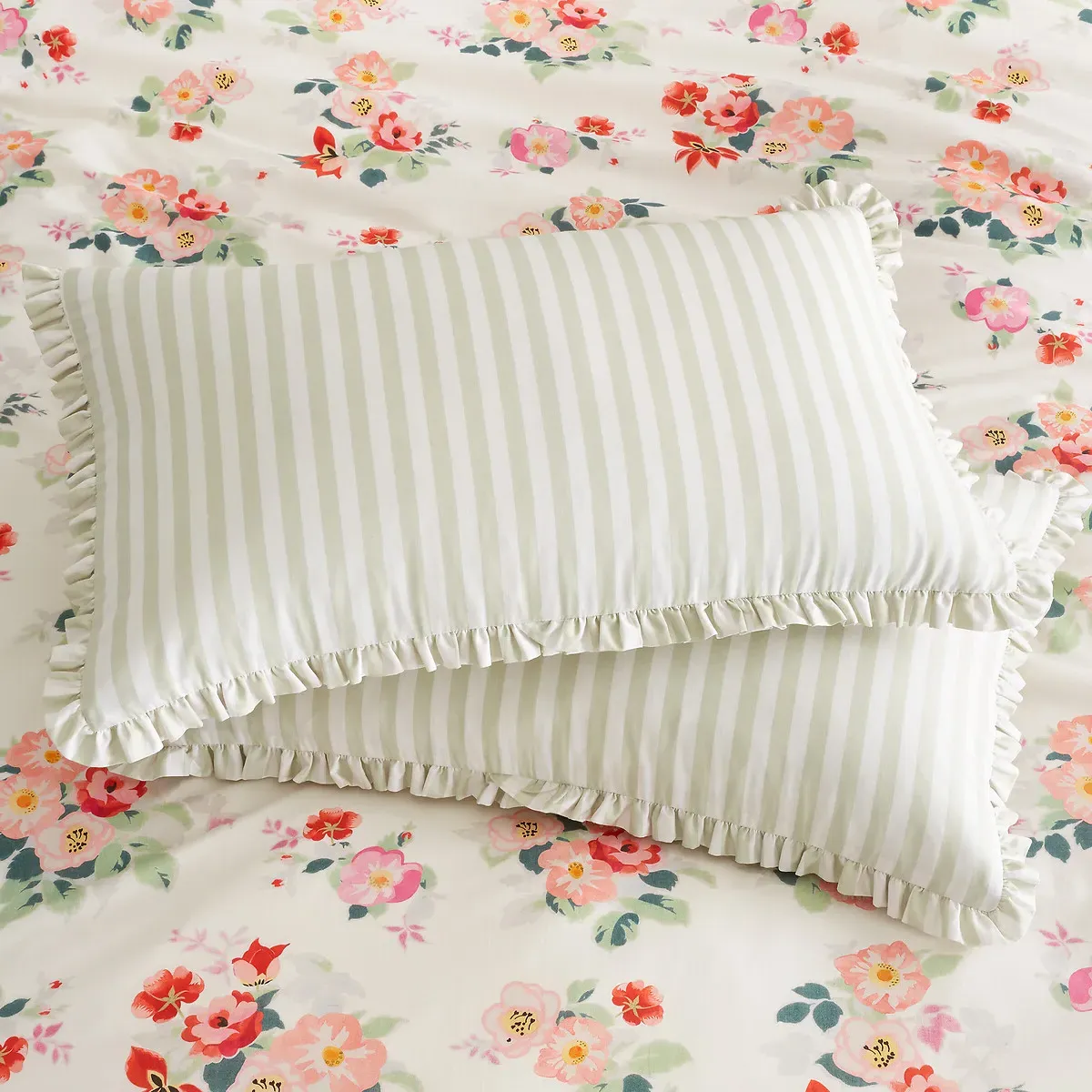 Stripe Cotton Pillowcase Pair with Ruffle Frill - Green product
