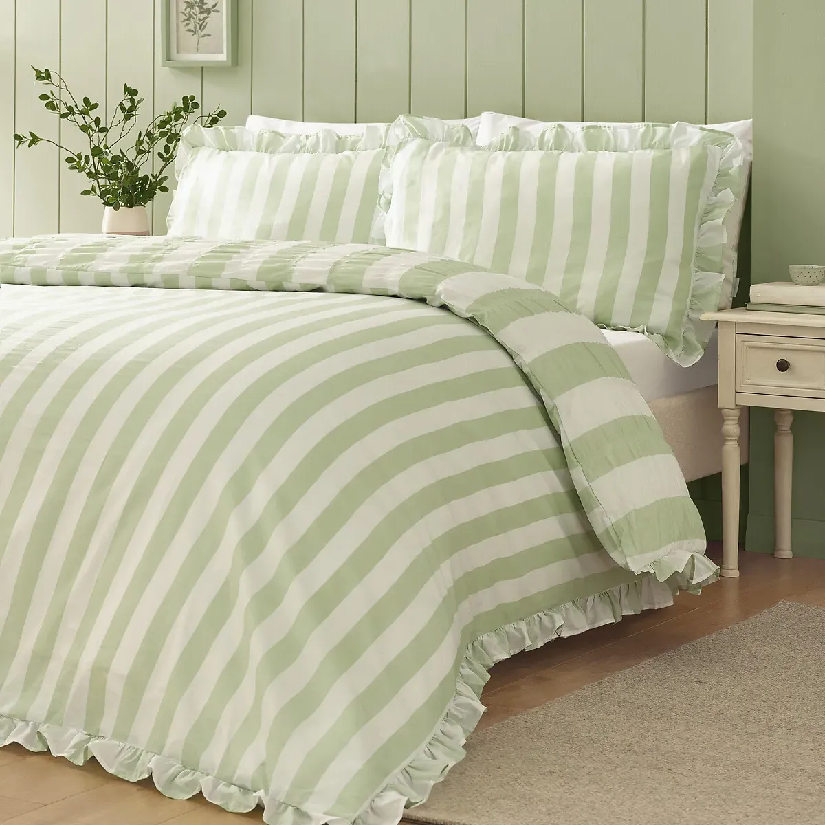 Catherine Lansfield Seersucker Frill Stripe Duvet Cover & Pillowcase Set - Green alternate view
