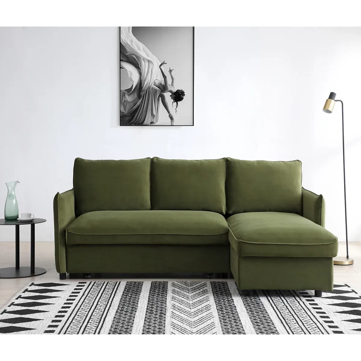 Beatrice L-Shaped Corner Sofa Bed with Storage - Olive, Velvet alternate view