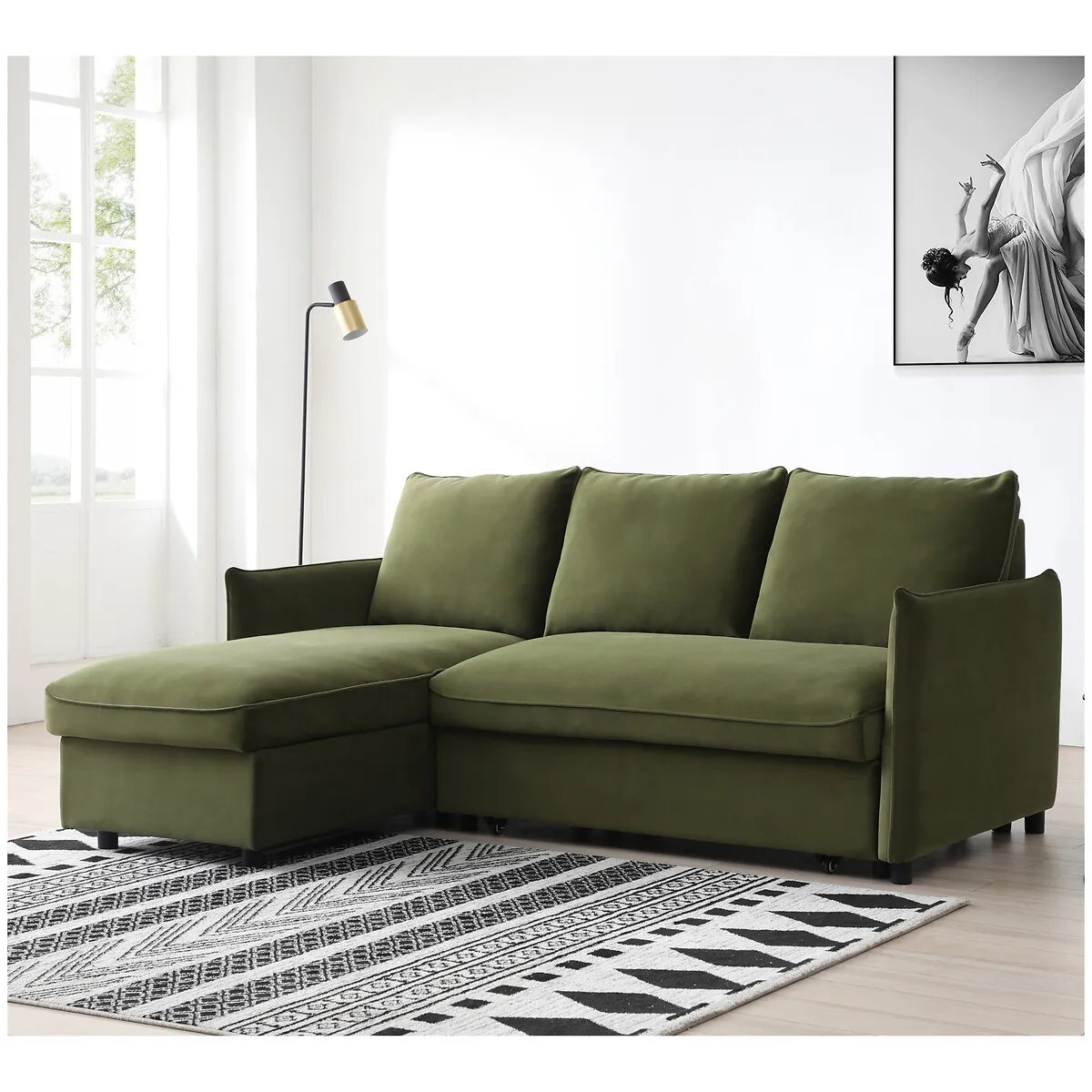 Beatrice L-Shaped Corner Sofa Bed with Storage - Olive, Velvet product