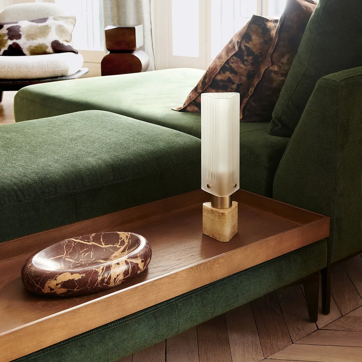 Strozzi Triangular Table Lamp - Champagne, Glass & Travertine alternate view