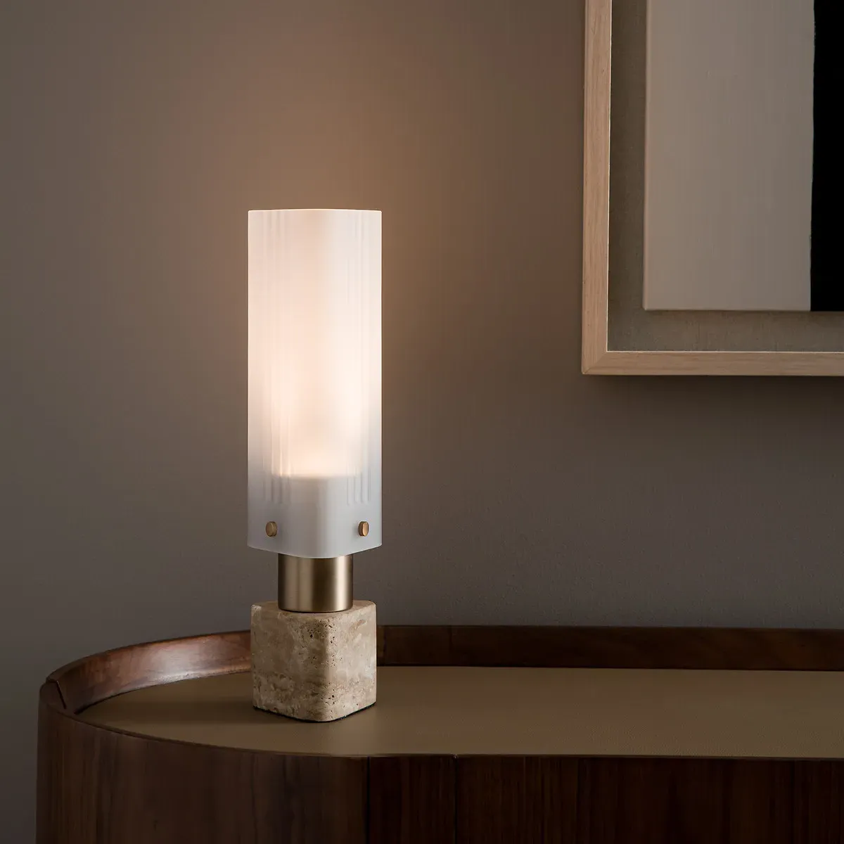 Strozzi Triangular Table Lamp - Champagne, Glass & Travertine product