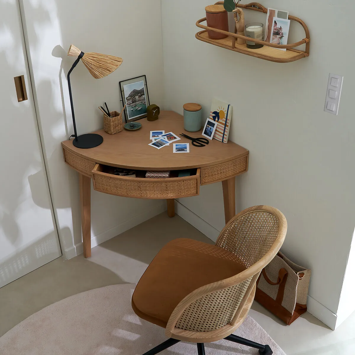 Achilde Corner Console Desk with Drawer - Natural, Oak & Rattan alternate view
