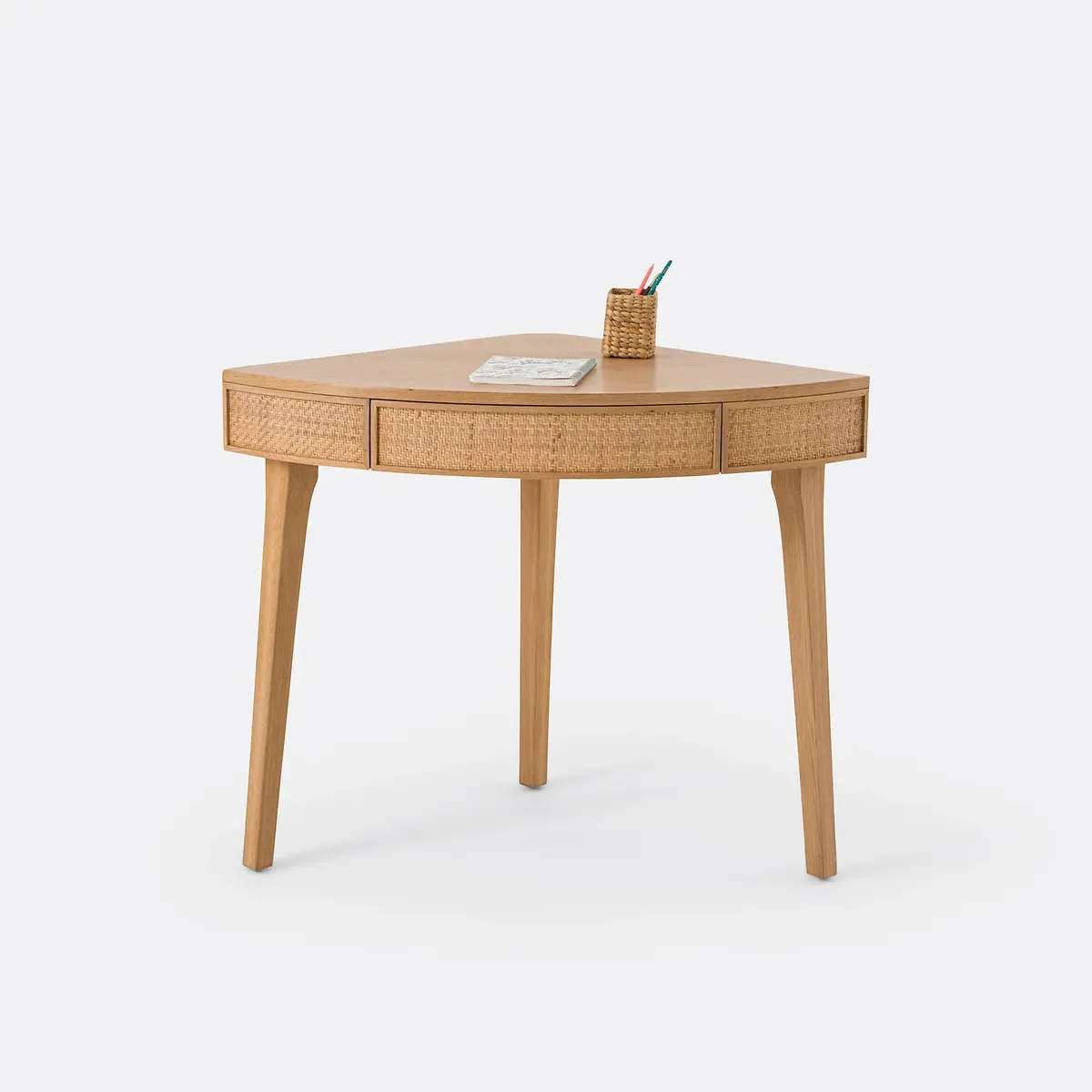 Achilde Corner Console Desk with Drawer - Natural, Oak & Rattan product