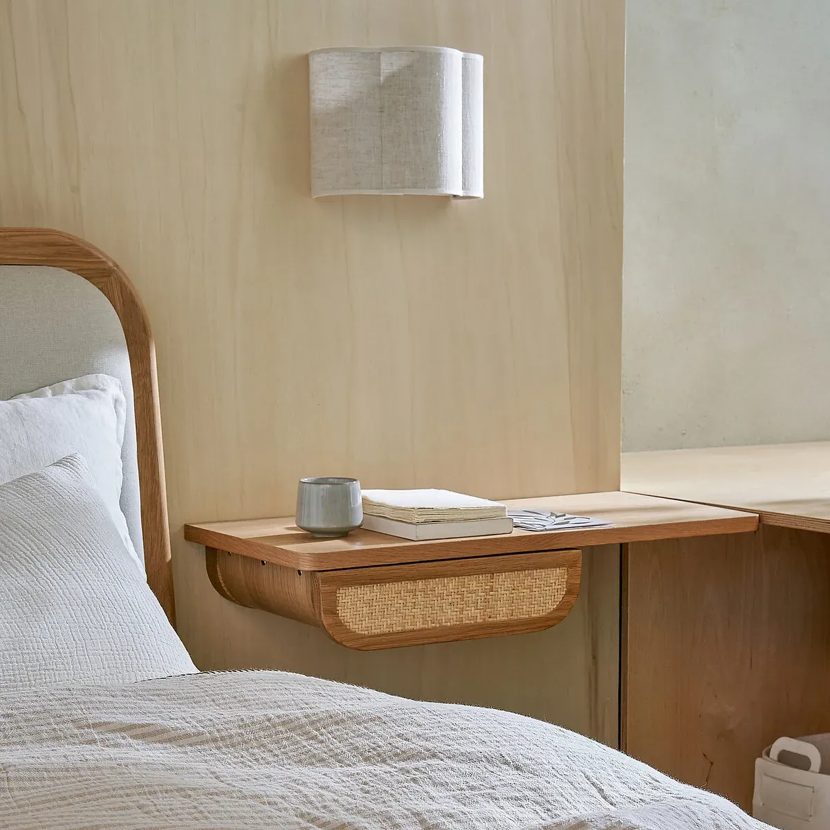 Ajory Wall-Mounted Bedside Table with Drawer - Natural Oak, Rattan alternate view