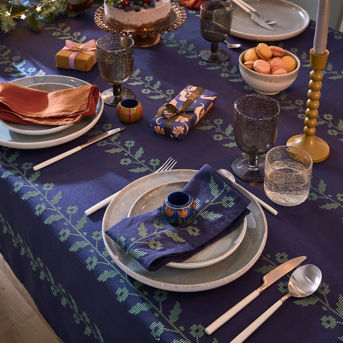 Auvray Embroidered Tablecloth - Blue, Washed Cotton alternate view