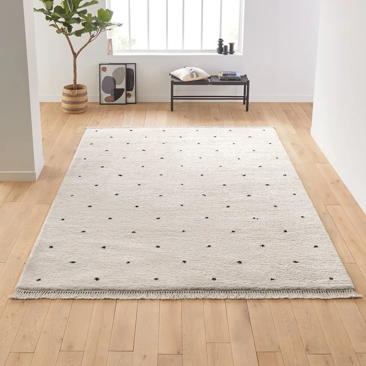 Ava Spotted Berber-Style Rug with Fringe - White, Polypropylene product