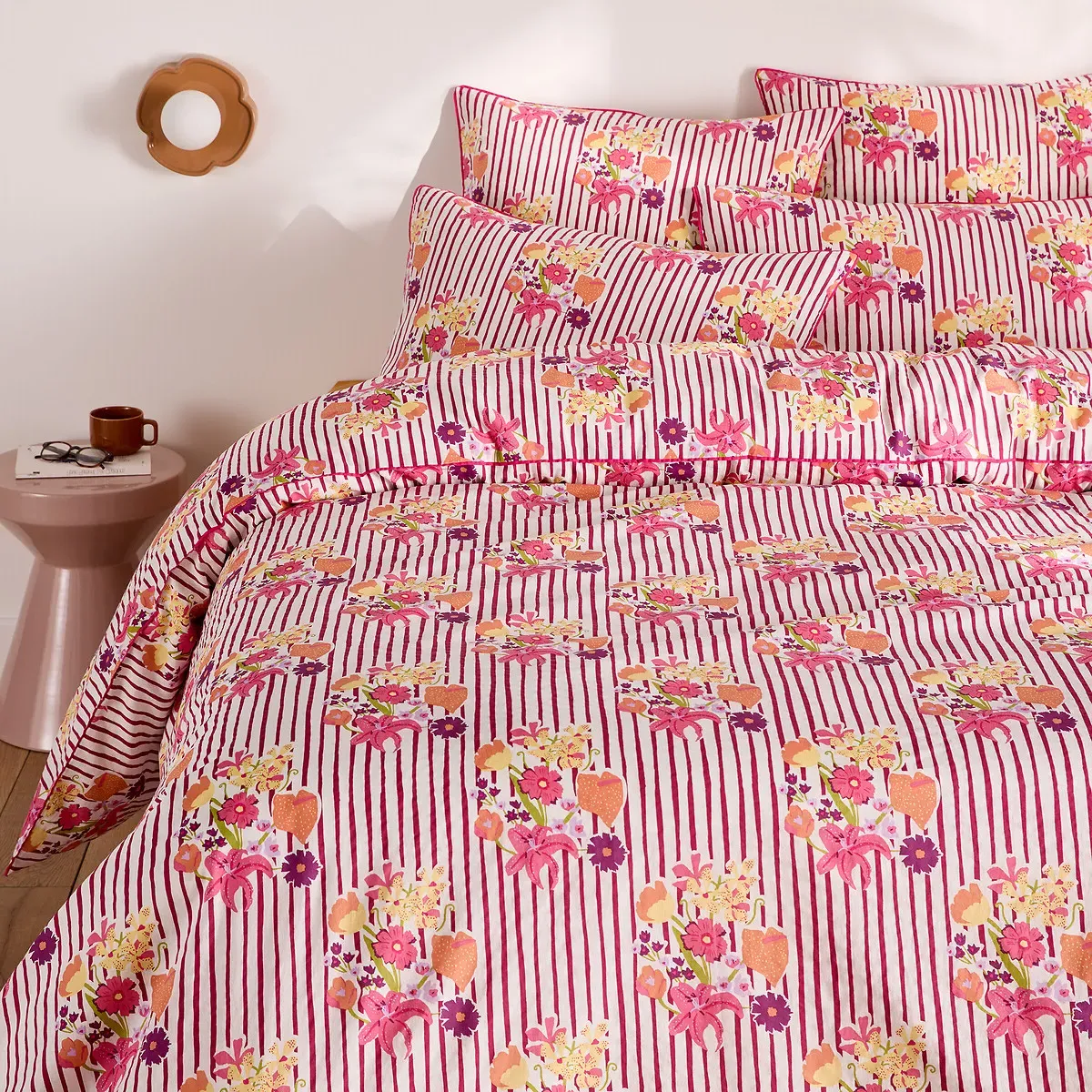 Belardi Striped Floral Duvet Cover - Pink, Washed Cotton alternate view