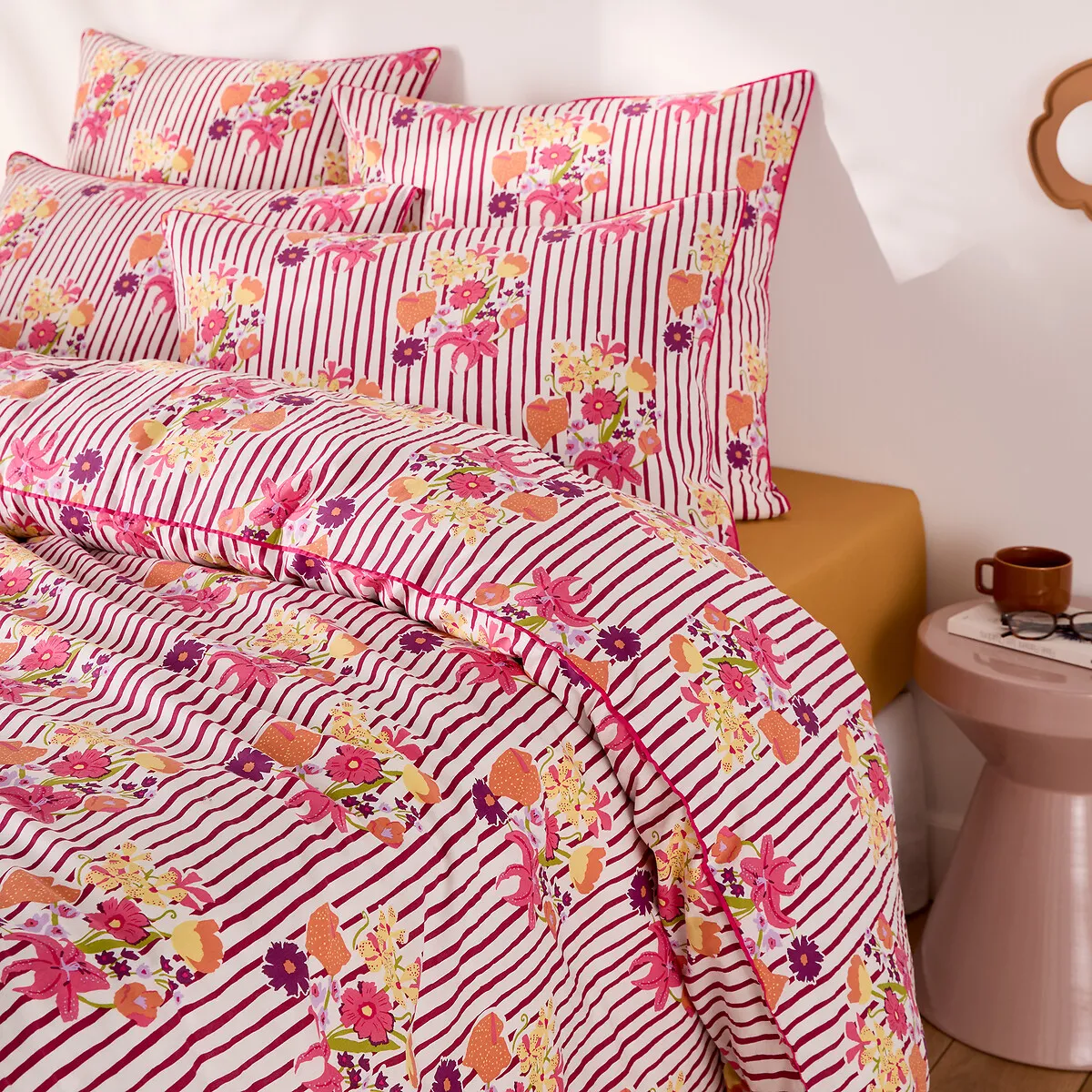 Belardi Striped Floral Duvet Cover - Pink, Washed Cotton product