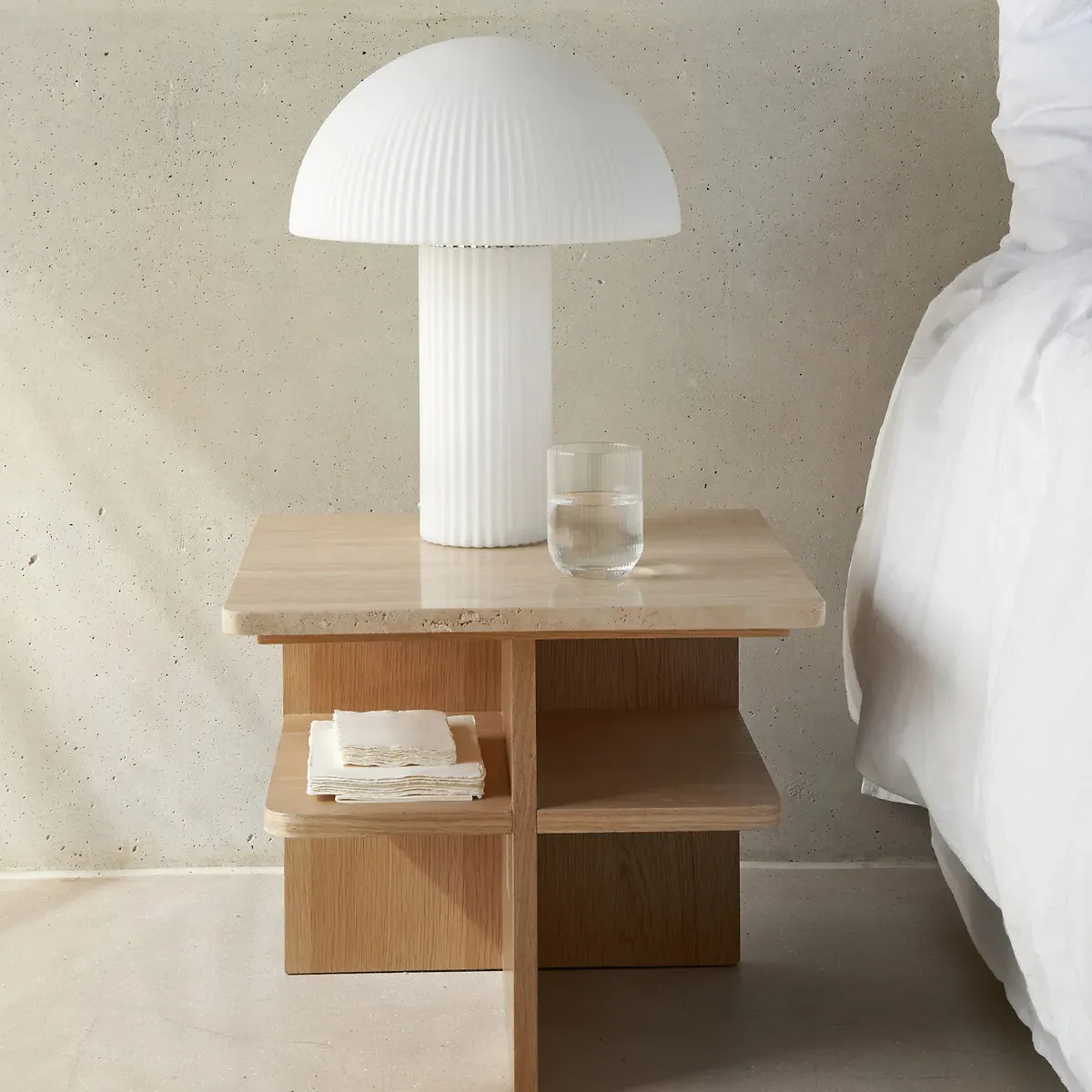 Caliste Bedside Table with Storage - Oak, Travertine alternate view