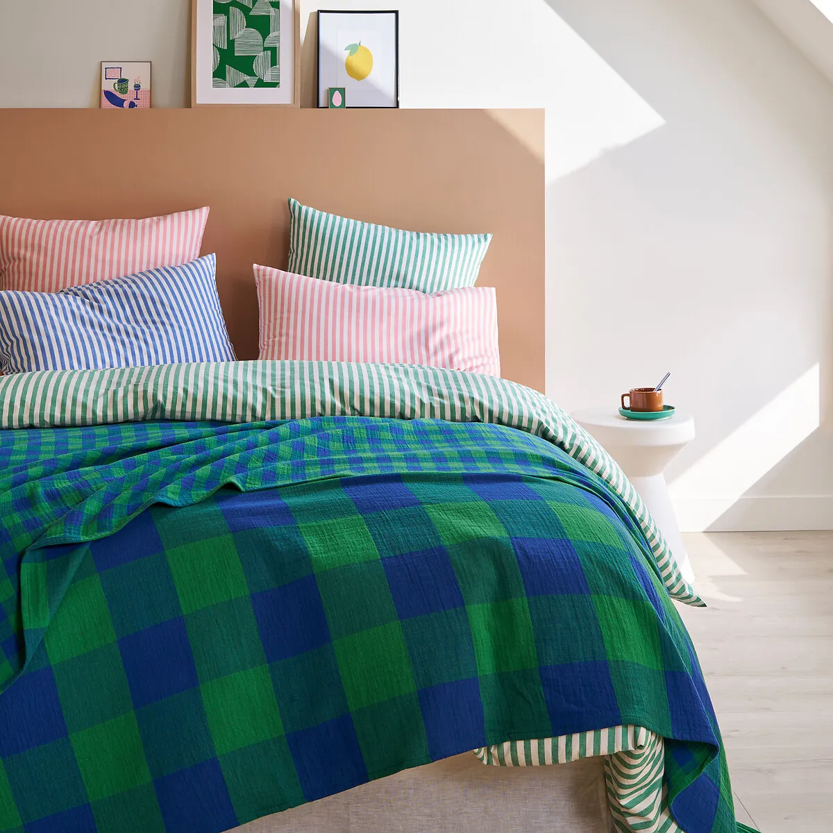Calix Checked Bedspread - Blue-Green, Cotton Gauze alternate view