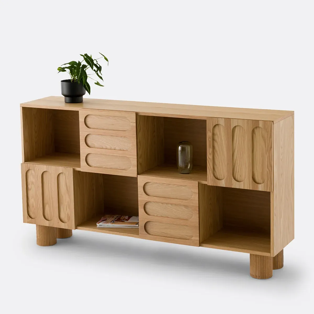 Cannelo Wide Low Bookcase with Doors - Oak Veneer product