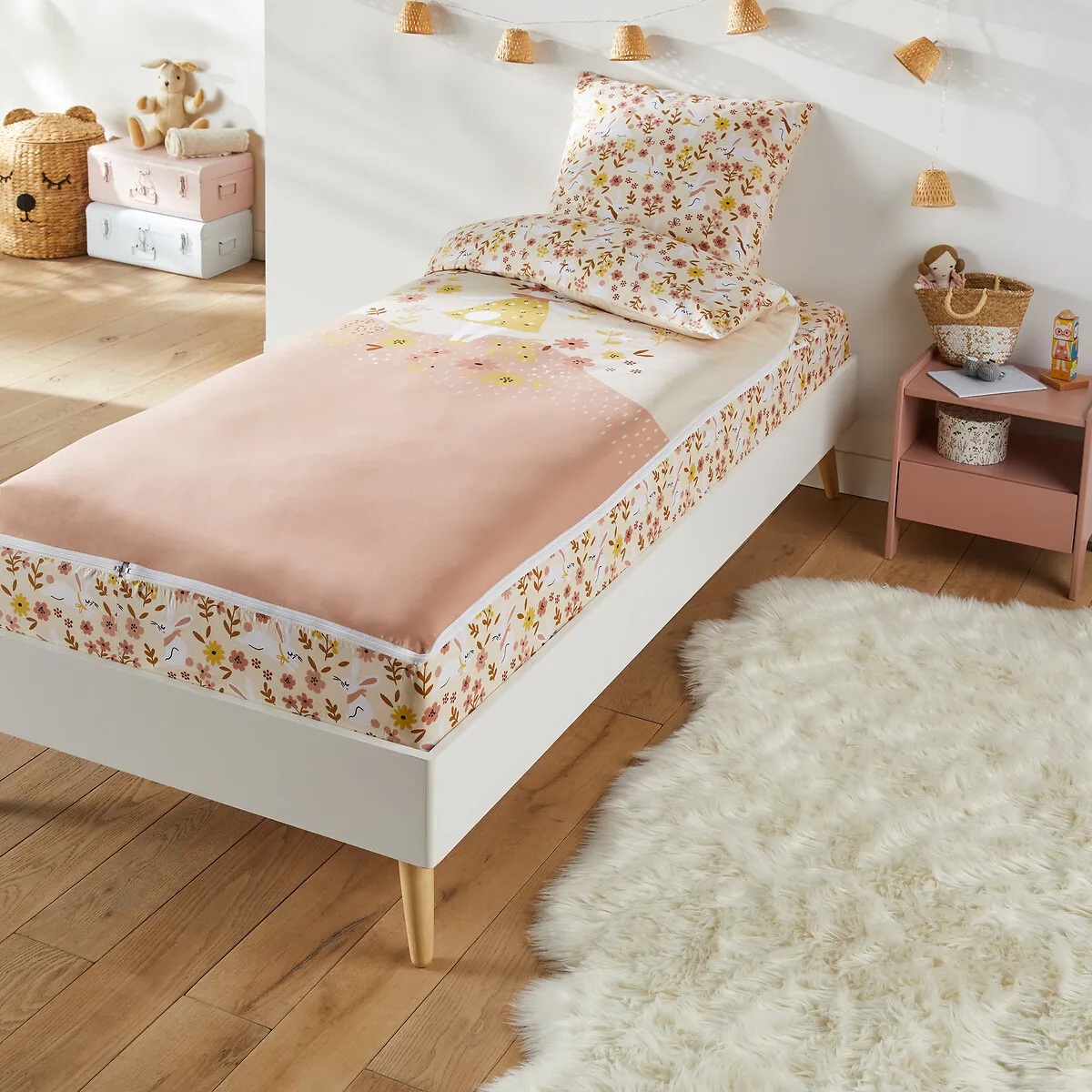 Caradou Lapin Fleuri Duvet Set with Fitted Sheet - Pink Print, Cotton product