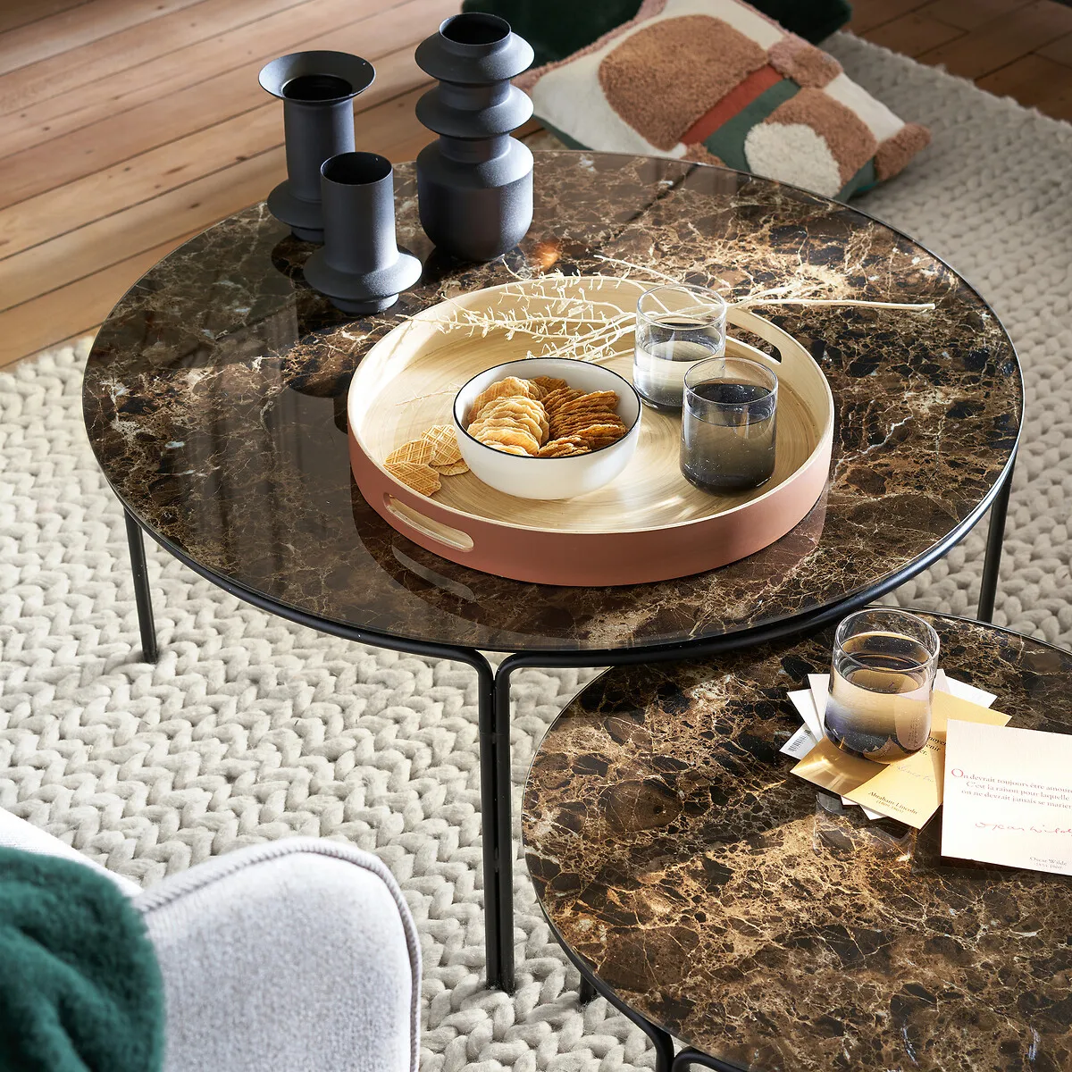 Chici Set of 2 Round Semi-Nesting Coffee Tables - Marble Effect alternate view