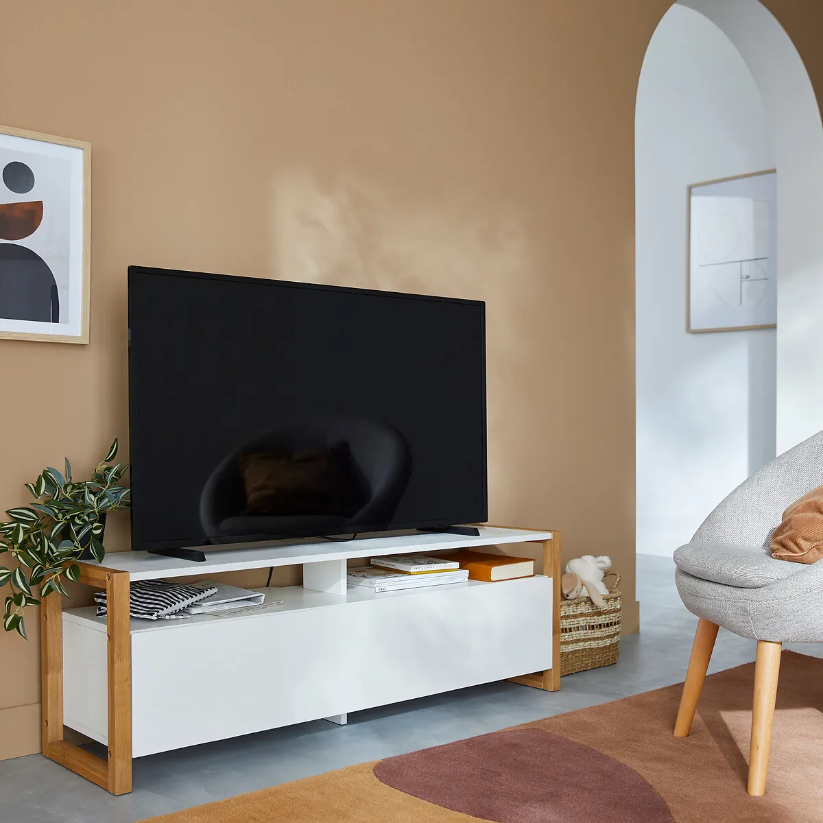 Compo TV Unit with Push-To-Open Door - White, Oak alternate view