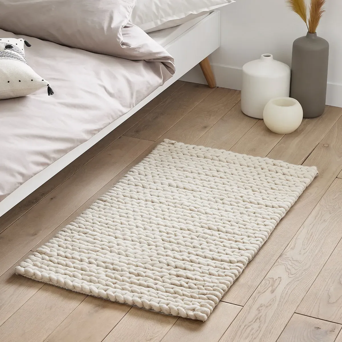 Diano Knit Effect Wool Bedside Rug - Ecru product