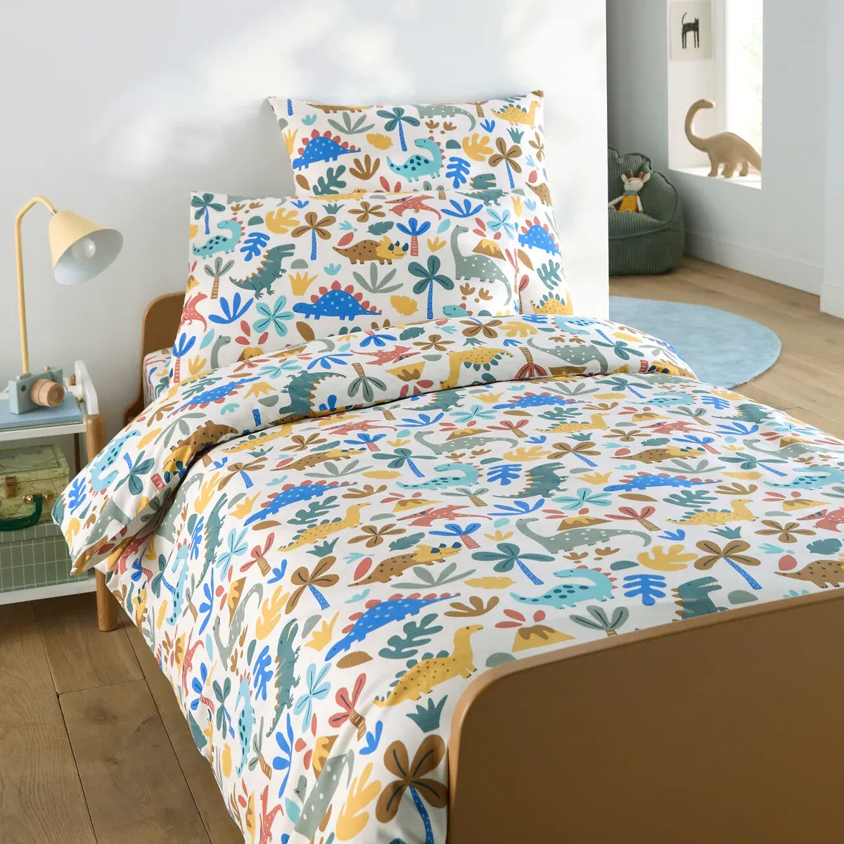 Dino Dinosaur Print Single Duvet Cover - Ecru, Cotton alternate view