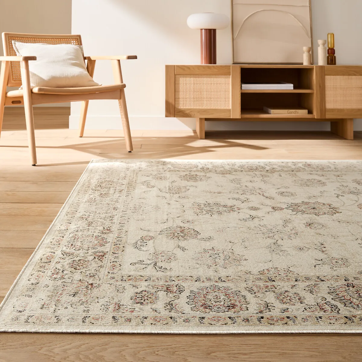 Diona Floral Print Rug with Used-Effect - Beige, Viscose product