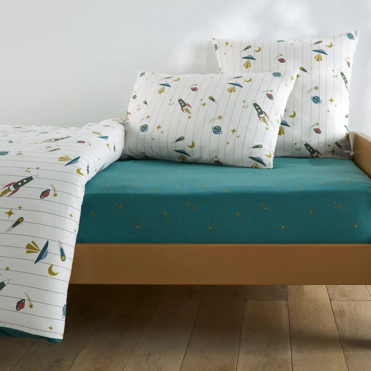 Egor Rocket Print Single Fitted Sheet - Green, Washed Cotton product