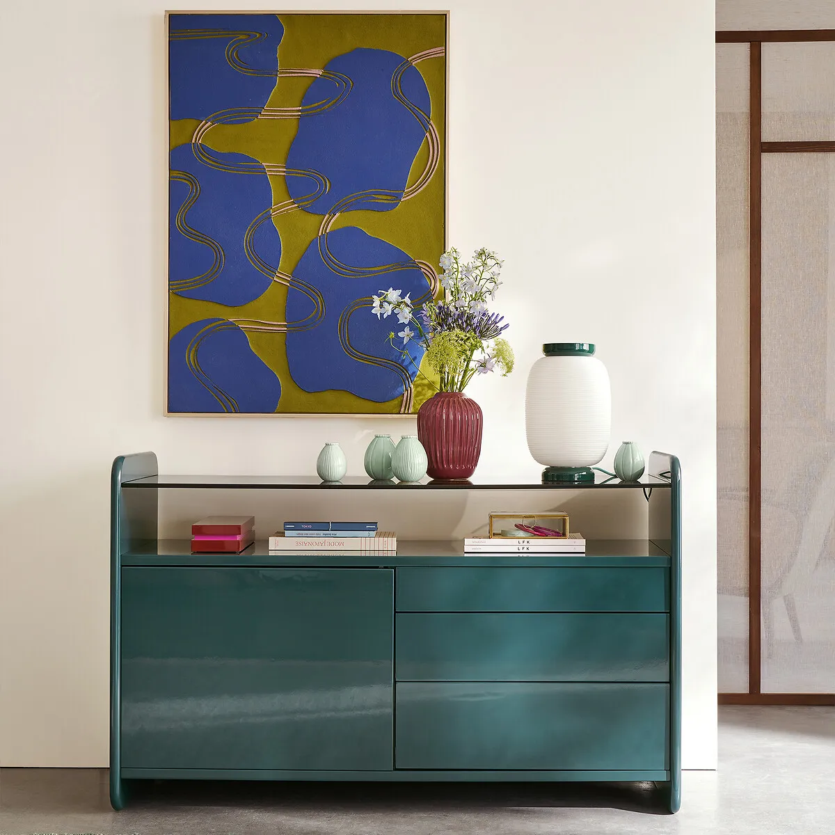 Ericson Sideboard 1 Door 3 Drawers with Glass Top - Green, MDF alternate view