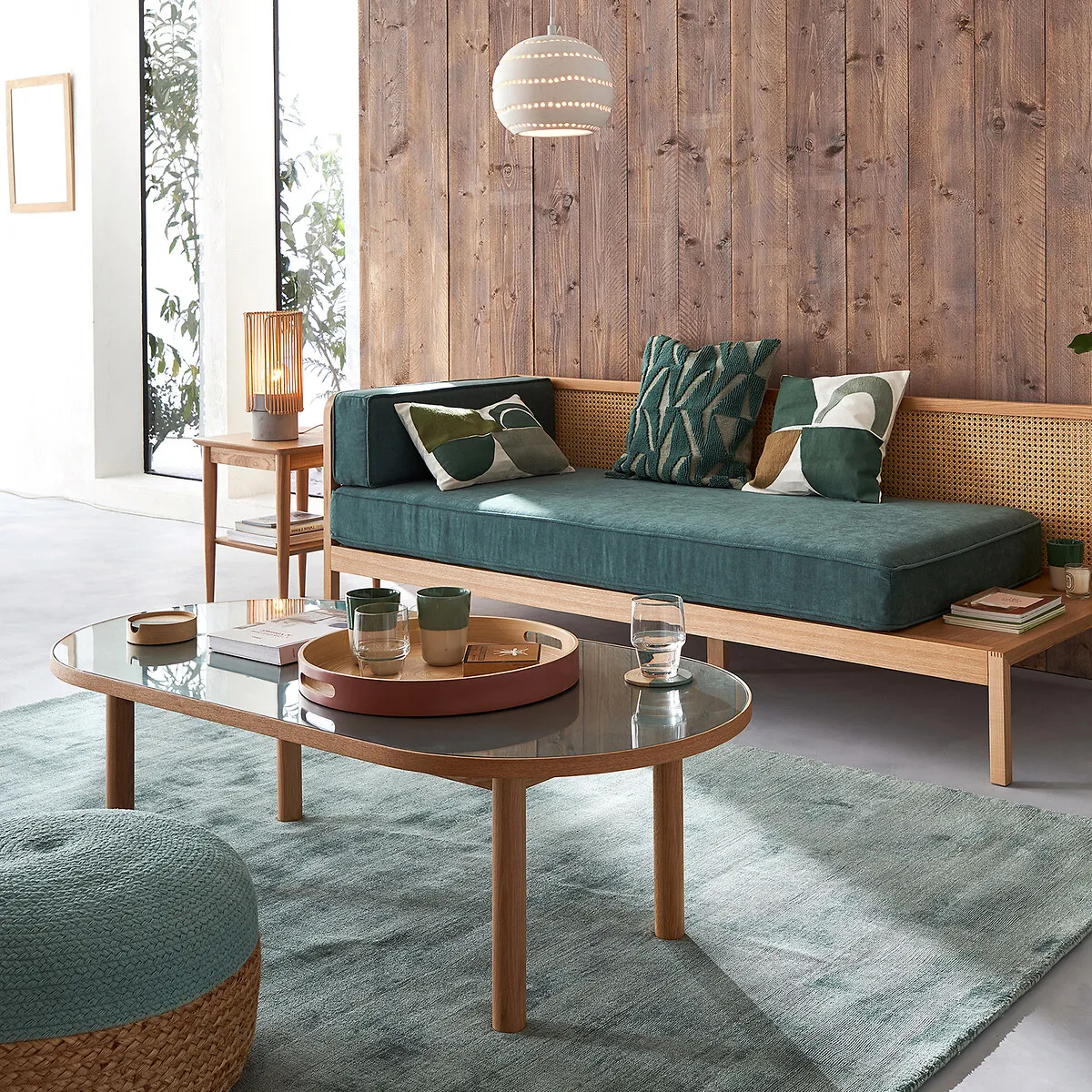 Evergreen Oak Veneer & Glass Coffee Table - Green, Oak alternate view