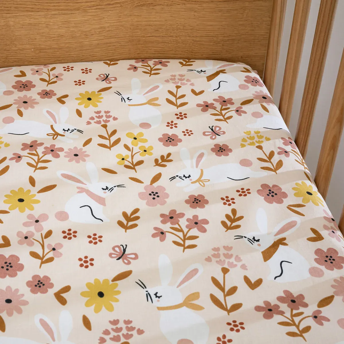Floral Rabbit Cot Fitted Sheet - Pink Print, Organic Cotton alternate view