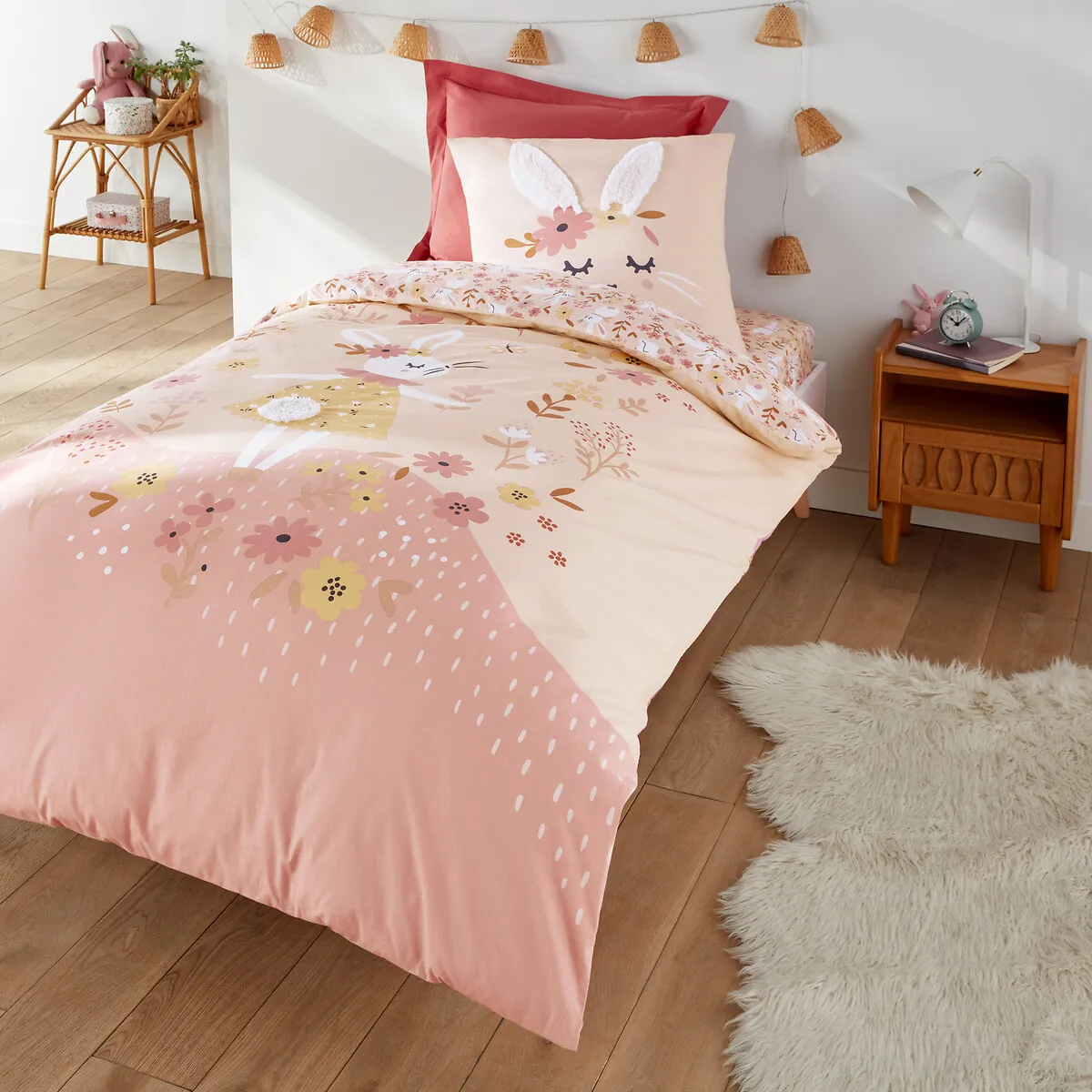 Flower Bunny Single Fitted Sheet - Pink Print, Organic Cotton alternate view