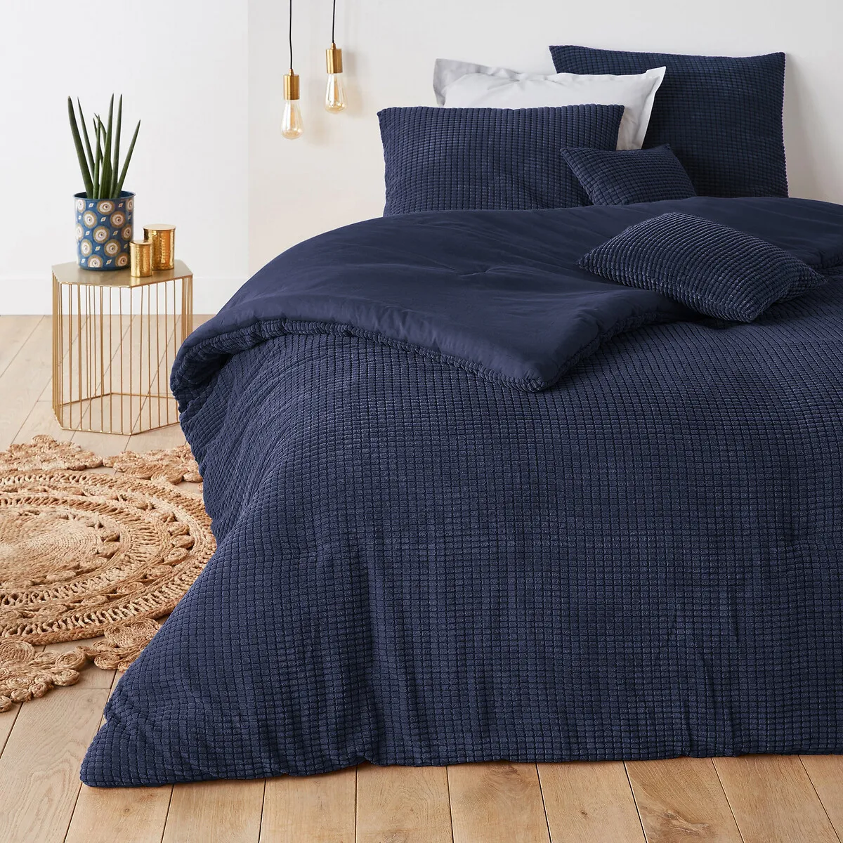 Fluffy Textured Quilted Bedspread - Navy Blue, Polyester product