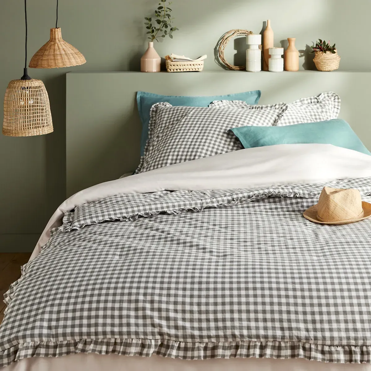 Georgette Gingham Quilted Bedspread - Khaki Green, Cotton product