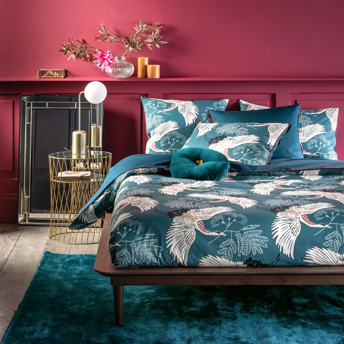Grues Patterned Percale Flat Sheet - Teal, Cotton alternate view