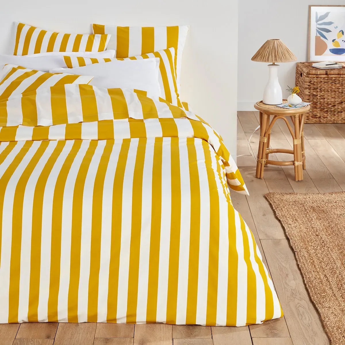 Hendaye Fitted Sheet Mattress Depth 25cm - Yellow Striped, Cotton alternate view