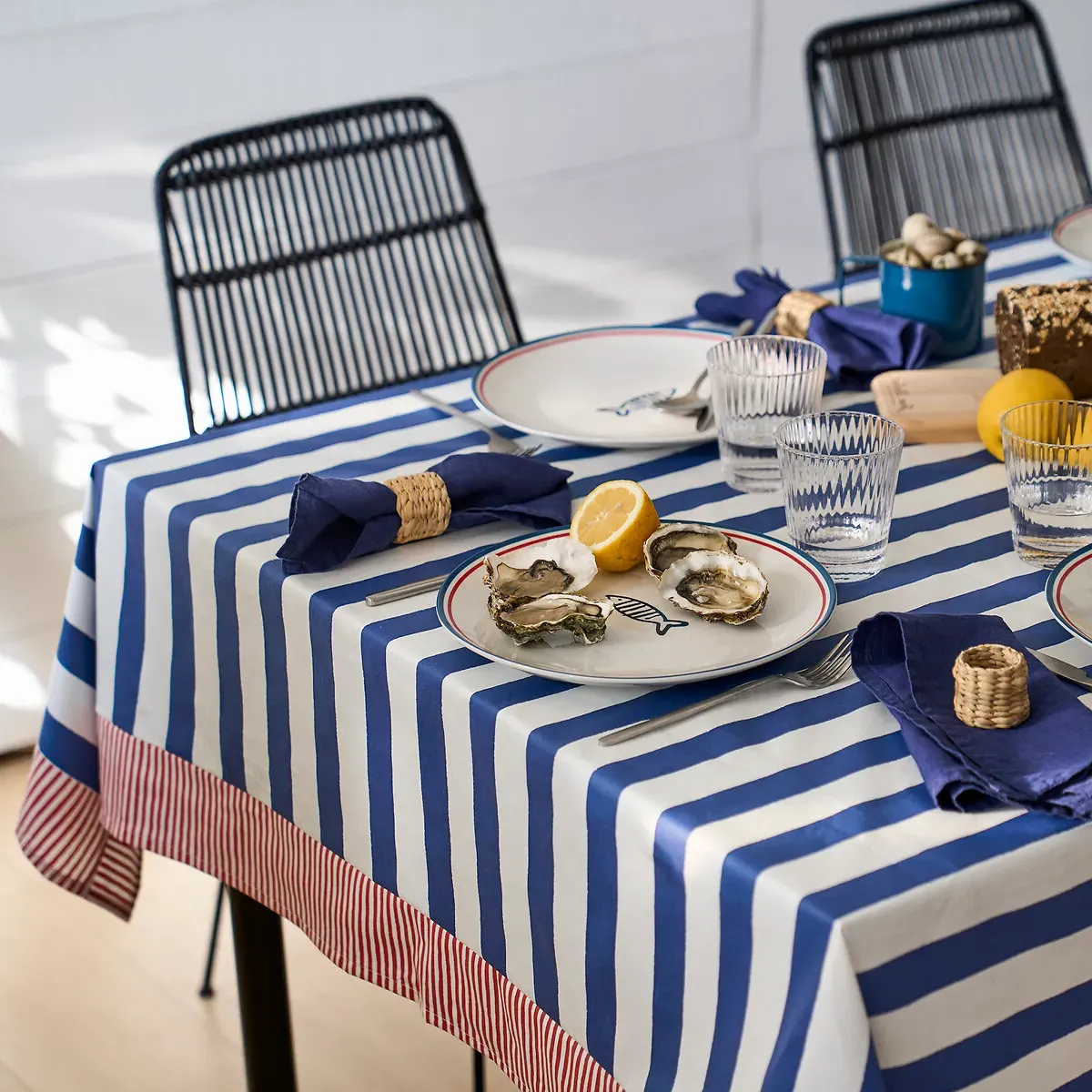Hendaye Striped Rectangular Tablecloth - Blue, Coated Cotton alternate view