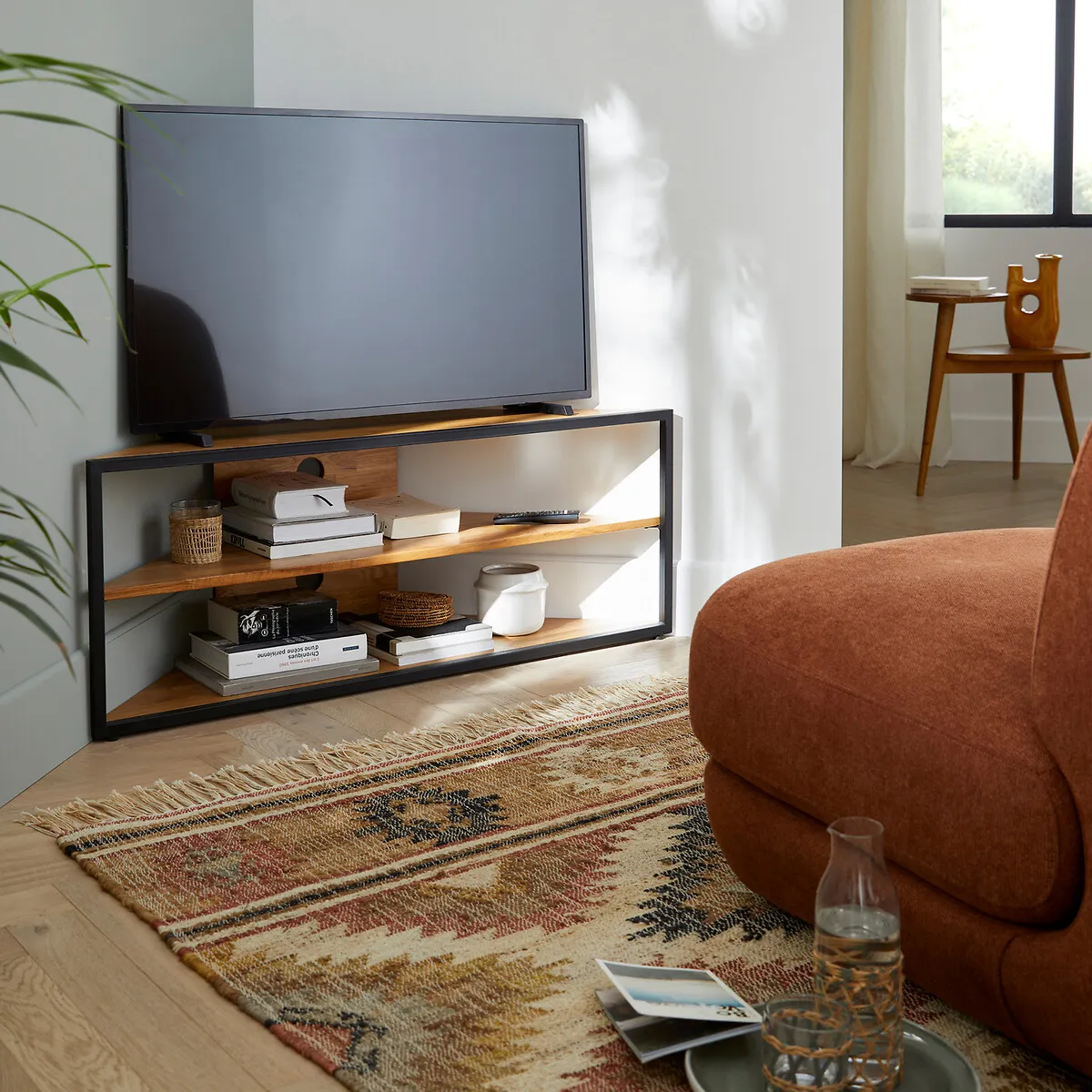 Hiba Corner TV Unit - Oak, Solid Oak & Steel alternate view