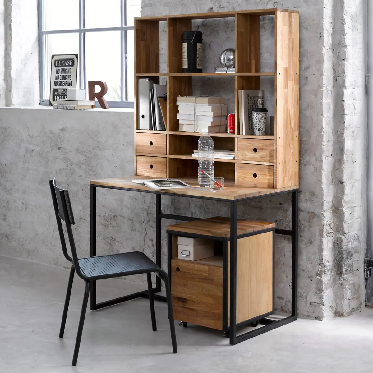 Hiba Desk Unit on Wheels - Oak, Black Metal alternate view