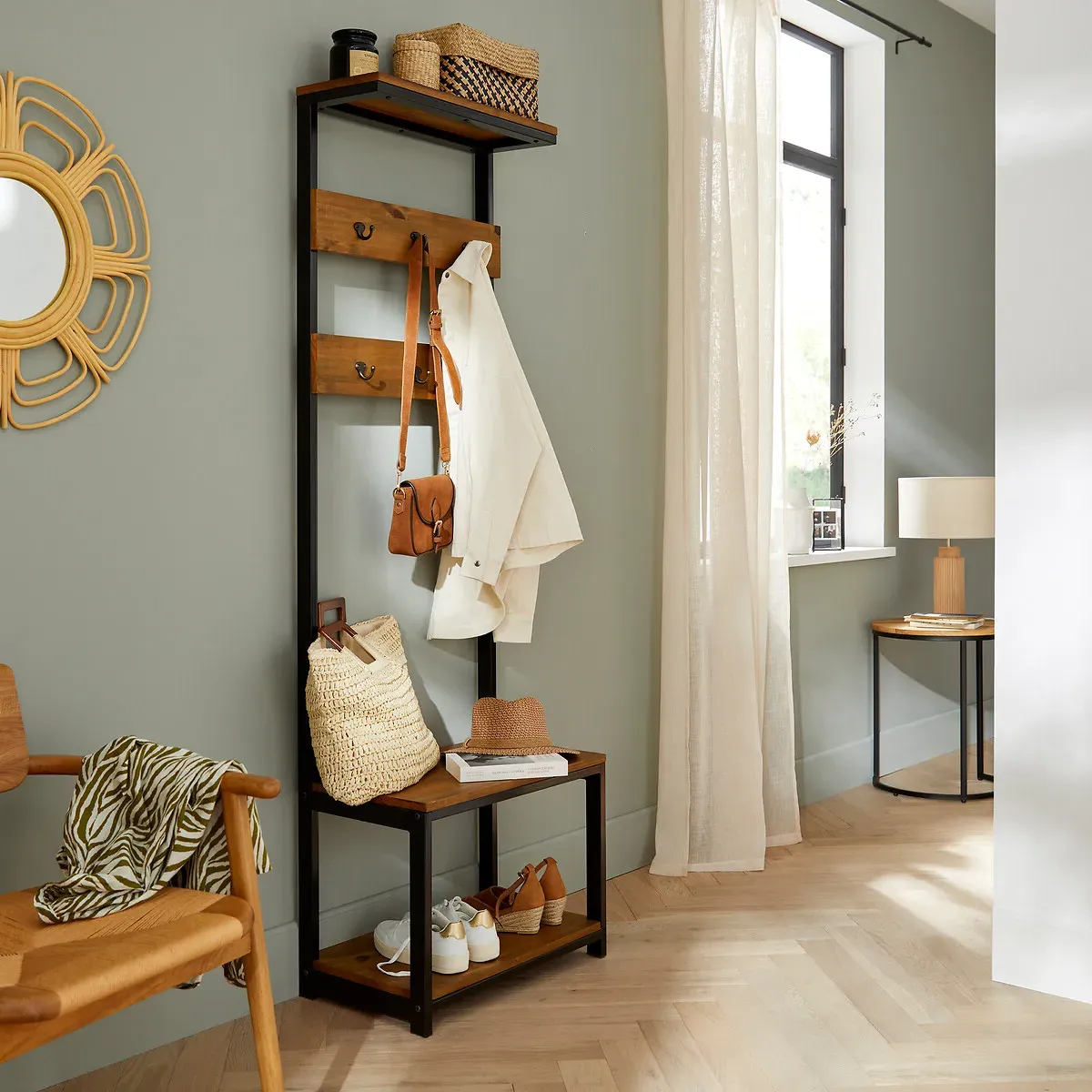 Hiba Hallway Coat Rack & Bench - Pine, Metal alternate view